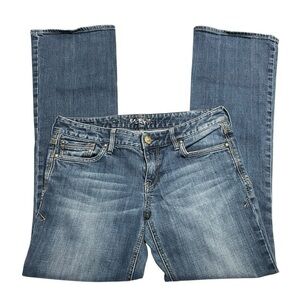 Express Low Rise Bootcut Jeans Size 6R Medium Wash Stretch Denim EX Logo Pockets